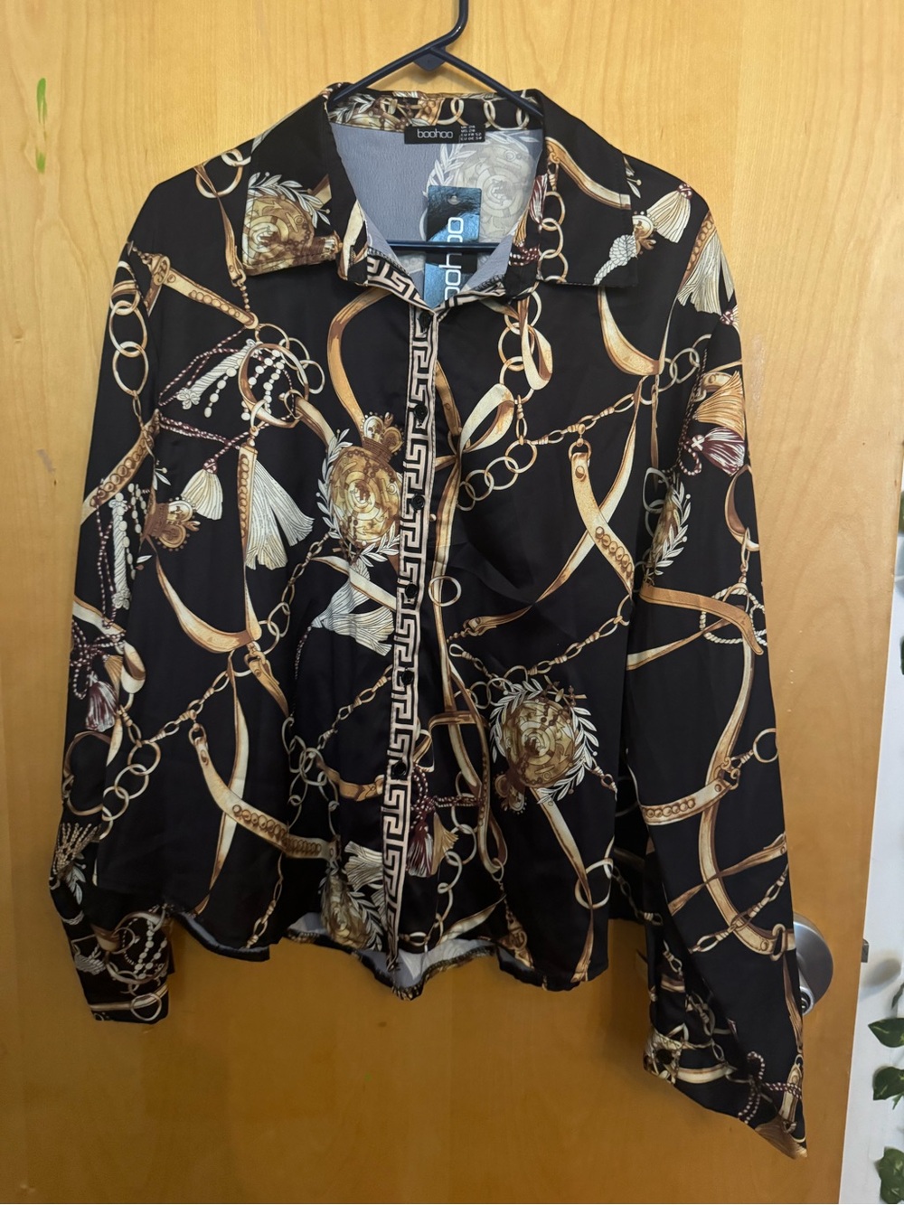 Boohoo Black Shirt Jacket with Gold Chain & Medallion Print